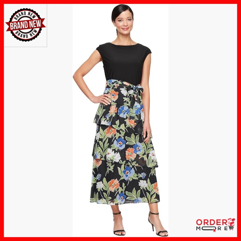 Floral Midi Dress With Stretch Knit Bodice, Removable Belt, Cap Sleeves